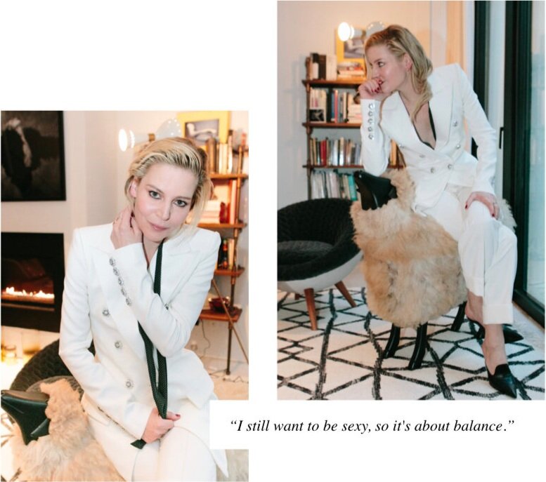 Julia wears an Alexandre Vauthier suit, Burberry heeled mules, and a personal scarf by Saint Laurent.